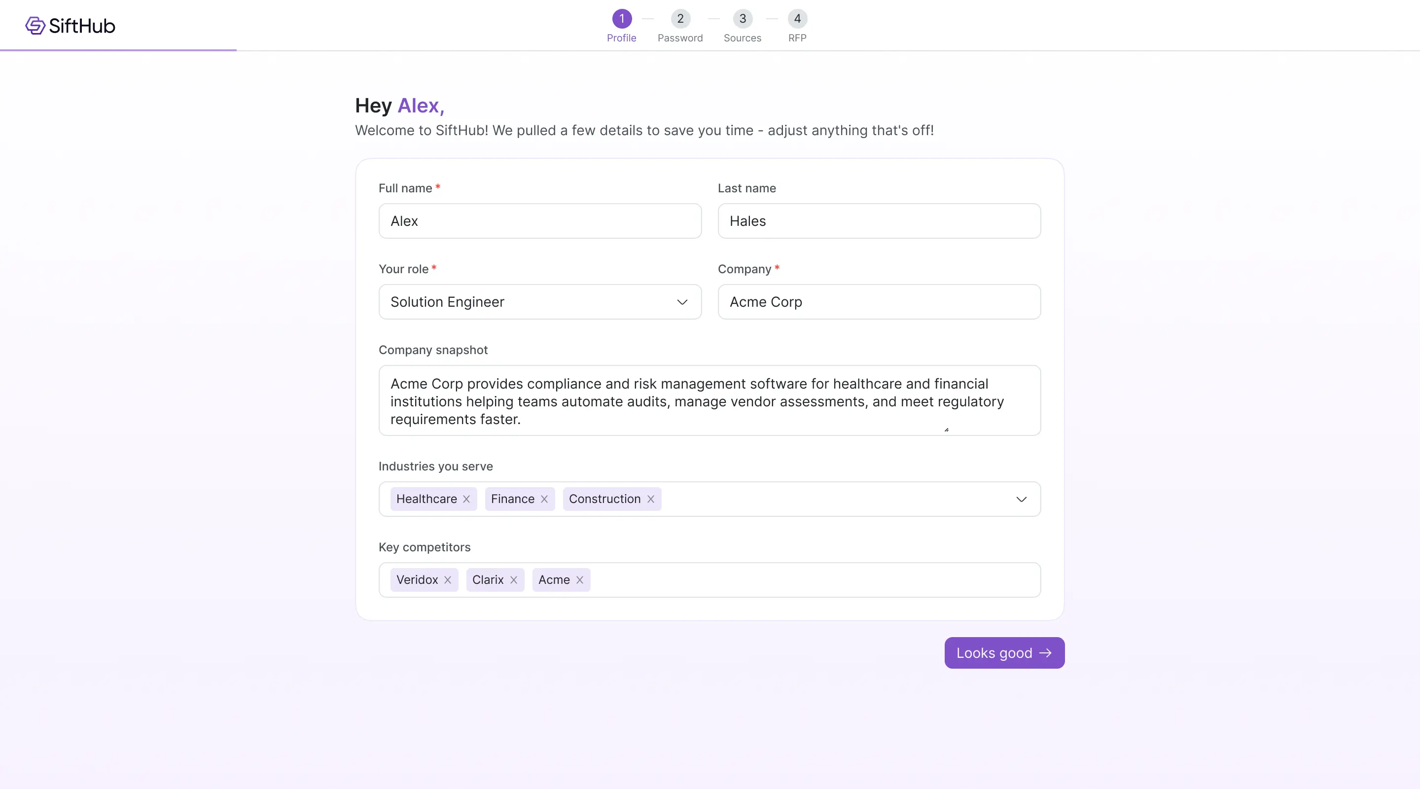 Profile, we fill it in for you — step 01 screenshot