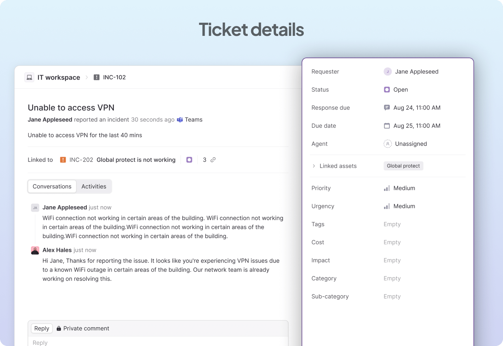 Ticket details page with empty properties