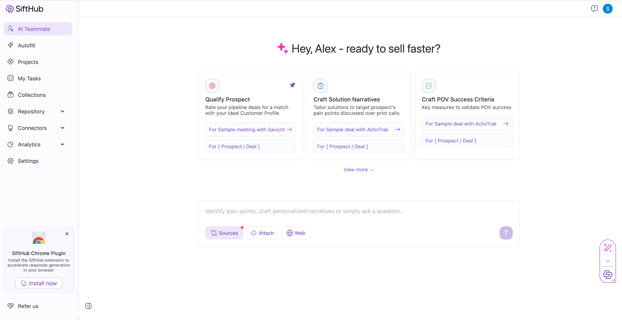 AI teammate screen with no onboarding context or clear next step