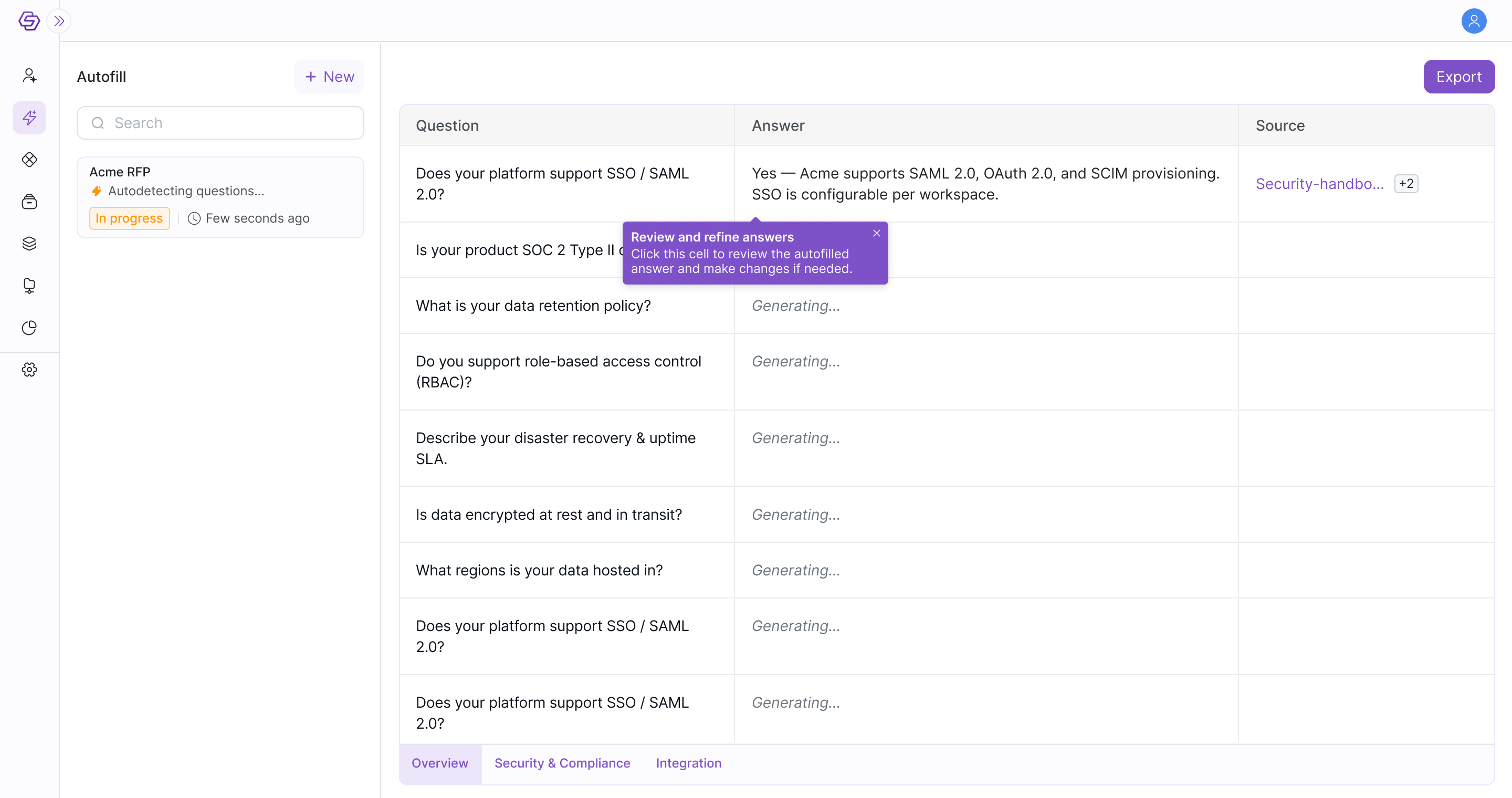 RFP questions and auto-generated answers