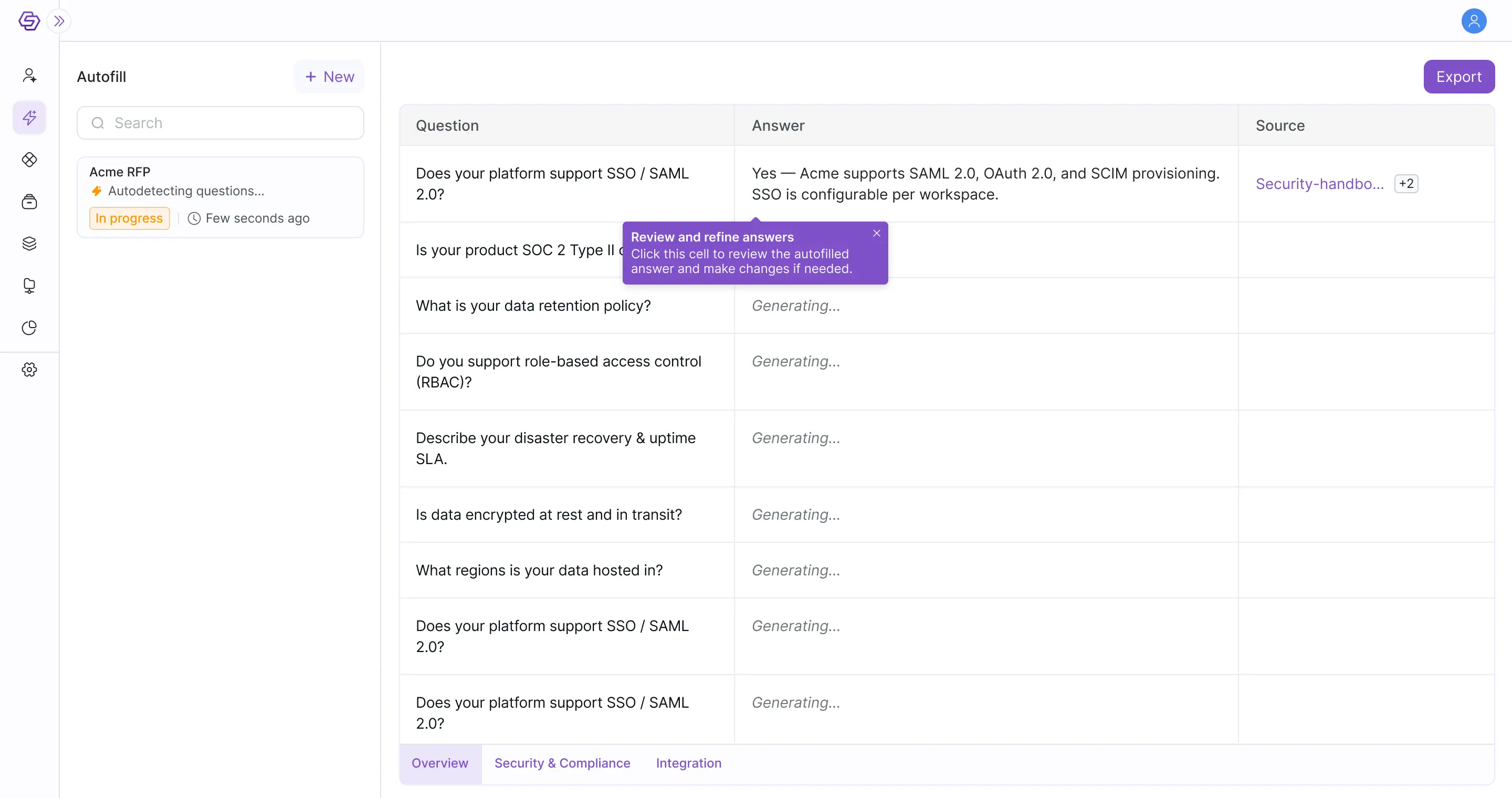 RFP questions and auto-generated answers