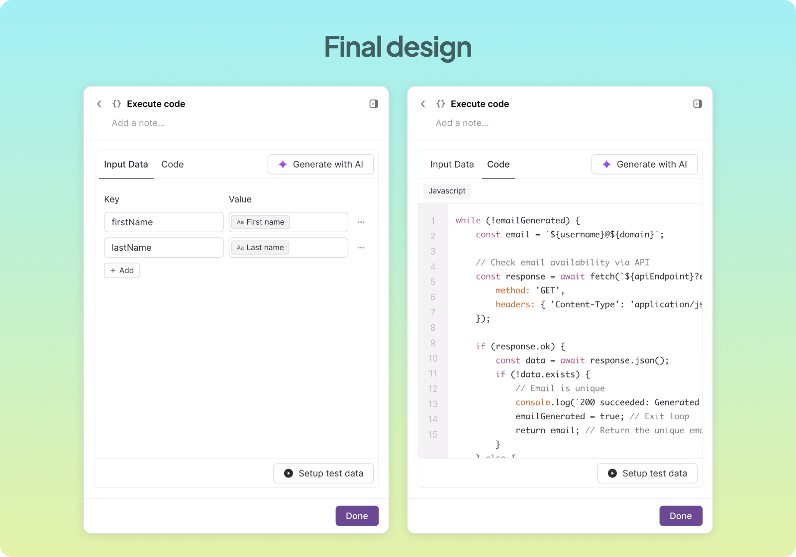 Final design — Input Data and Code views side by side