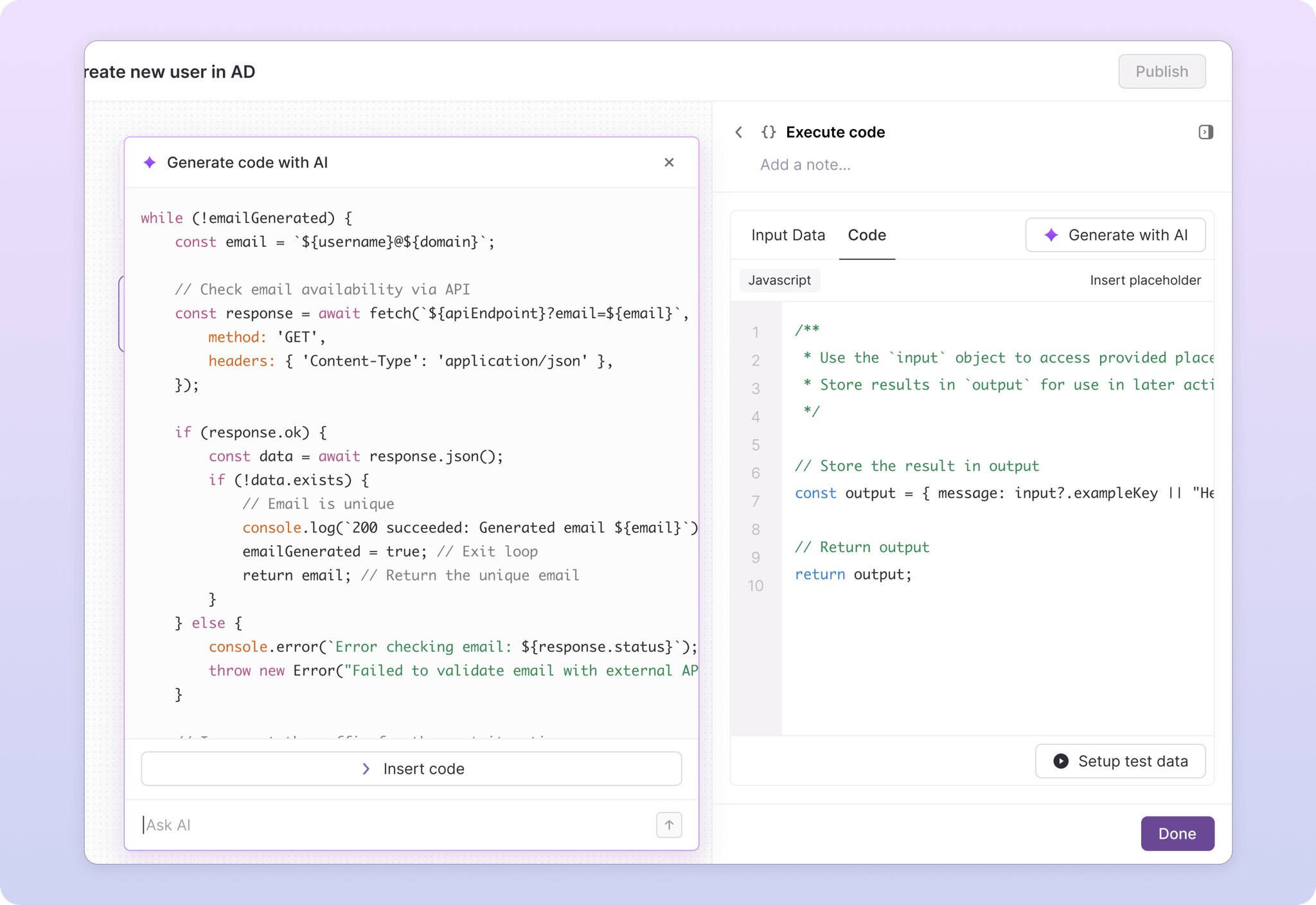 High-fidelity prototype of the code action in the workflow builder