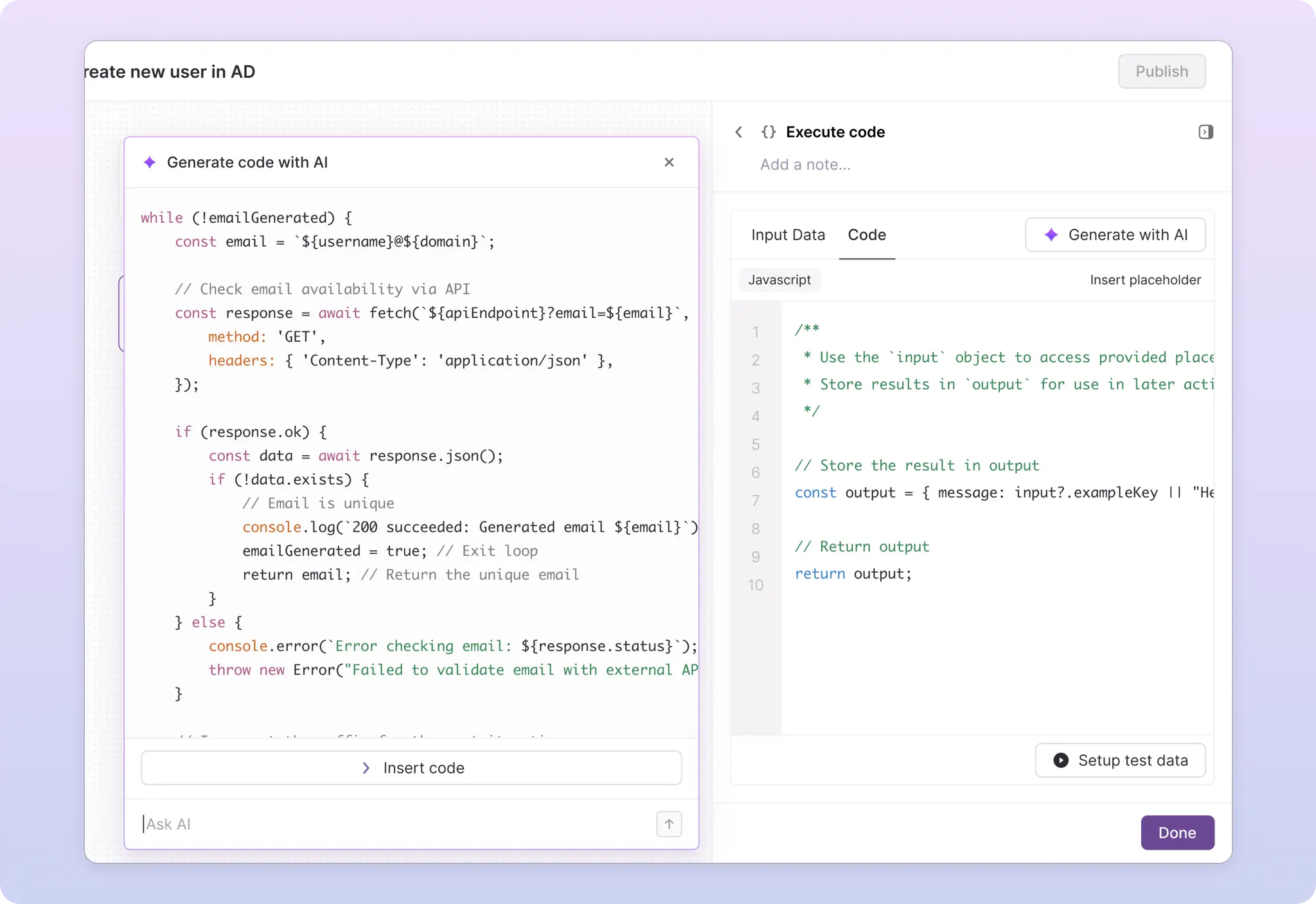 High-fidelity prototype of the code action in the workflow builder